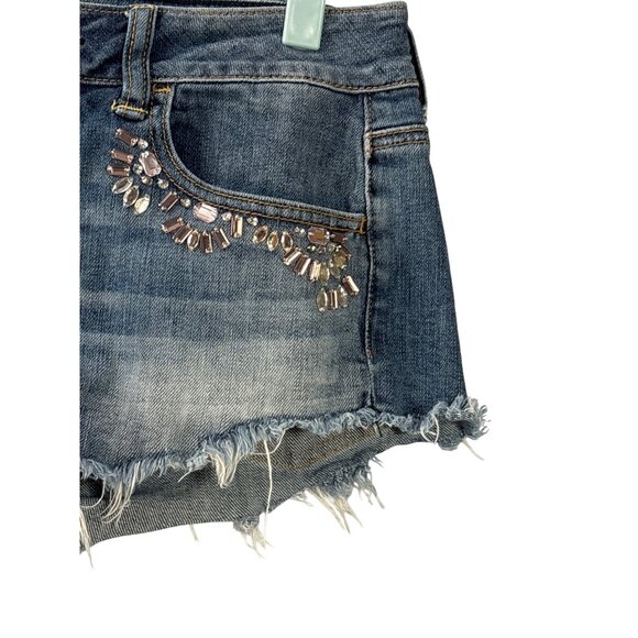 American Eagle Outfitters Rhinestone Denim Booty Short 4 Stretch Raw Hem Cut Off - Picture 3 of 6